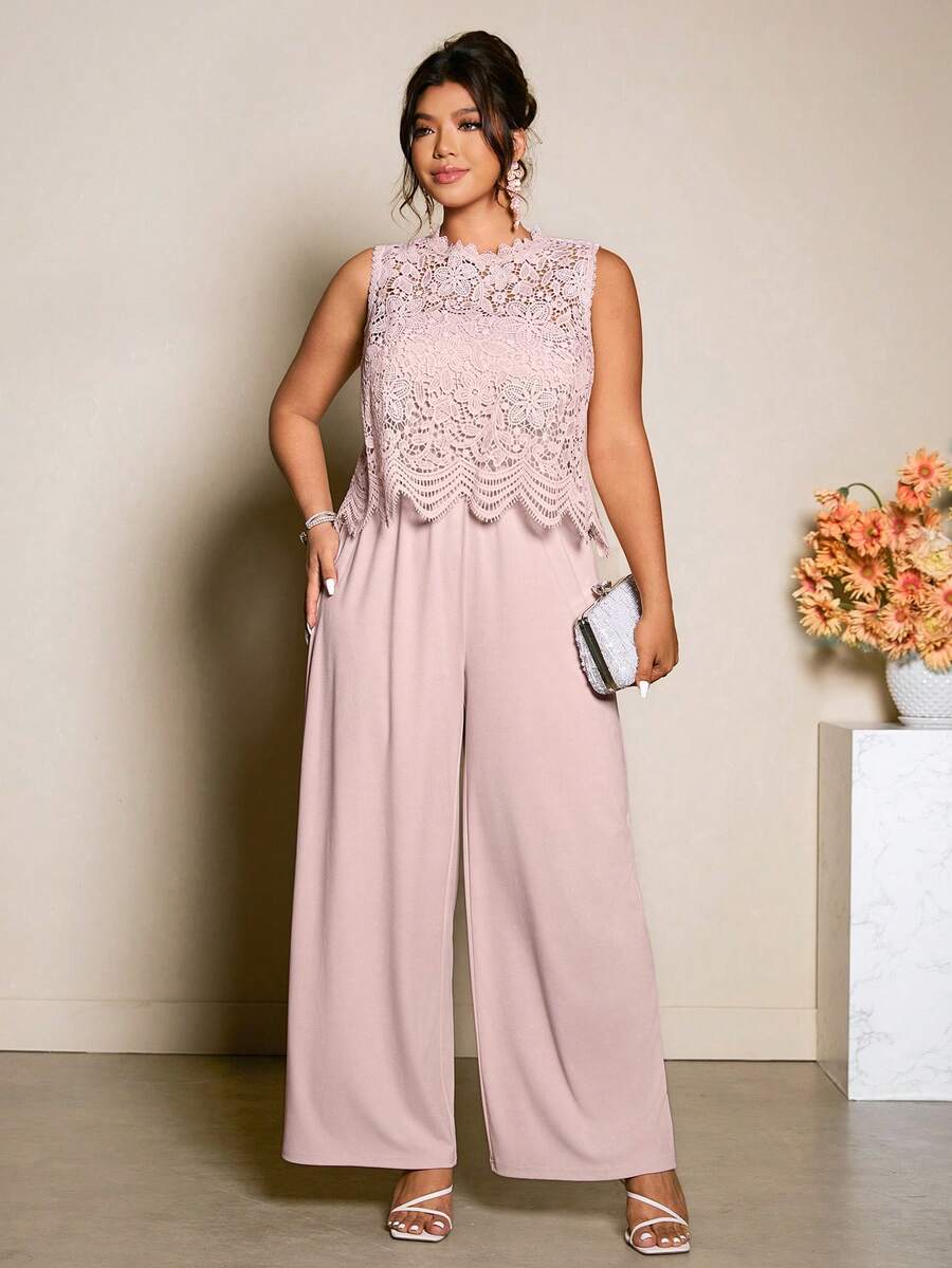 Cravure 春夏新款水溶蕾丝边吊带背心+阔腿连体裤女装套装，优雅精致，时尚百搭，适合工作或鸡尾酒会等场合，经典款式 - 粉色 - 查看 1