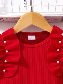 两件套女童罗纹无袖珍珠荷叶边上衣和纯色蝴蝶结短裙，休闲夏季套装 - 紅色 - 查看 3