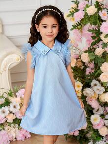 Young Girls' Elegant Vintage Style Dress, Made Of Soft Wavy Textured Fabric In Light Colors, Featuring A Collared Neckline With Delicate Trim Accents, Short Sleeves With Fluffy White Decor, Relaxed Fit Design For Comfortable Everyday Wear, Suitable For Family Gatherings, Children's Tea Parties Or Casual Outings, Medium-Weight Fabric For Spring/Summer - White - View 6