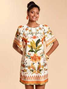 Travachic Tropical Print Round Neck Casual Vacation Short Sleeve Dress - Multicolor - View 6