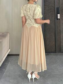 Dazy Plus Plus Size Women Elegant Lace Patchwork Chiffon Bodycon Midi Dress, Suitable For Dates Summer Sundress Floral Dresses For Women - Apricot - View 6