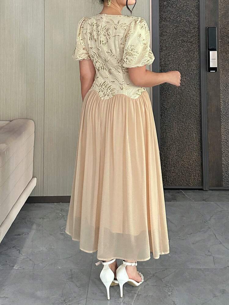 Dazy Plus Plus Size Women Elegant Lace Patchwork Chiffon Bodycon Midi Dress, Suitable For Dates Summer Sundress Floral Dresses For Women