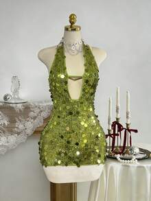 Elamini Women's Sexy Beaded Lace-Up Mini Party Dress, Autumn/Winter