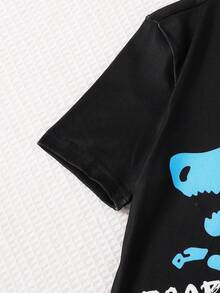 两件套青少年男童极简夜光恐龙印花短袖上衣+星月印花长裤，休闲睡衣，贴身款 - 黑色 - 查看 6