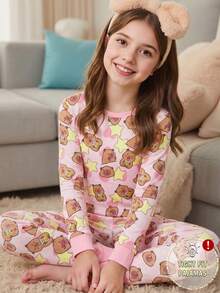 2 件套女童可爱熊和星星印花圆领长袖上衣和紧身裤睡衣套装，柔软有弹性的针织面料 - 彩色 - 查看 1