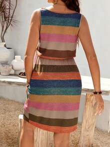 SHEIN 孕妇条纹方领系腰休闲无袖连衣裙 - 彩色 - 查看 2