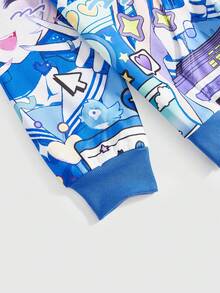 ROMWE Anime 女式动漫少女印花长袖休闲抽绳连帽宽松卫衣 - 藍色 - 查看 3