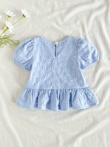SHEIN Vintaside Kids Áo sơ mi vải họa tiết hoa cho bé gái, kiểu dáng đồng quê, dễ thương và thời trang, thoải mái cho mùa xuân/hè. - Màu xanh lam - Xem 2