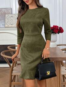 SHEIN LUNE 女士纯色简约休闲圆领长袖短裙 - 軍綠色 - 查看 6