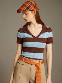 Elnivra 撞色条纹 Polo 领针织上衣，法式街头风，短袖夏季衬衫 - 棕色 - 查看 4