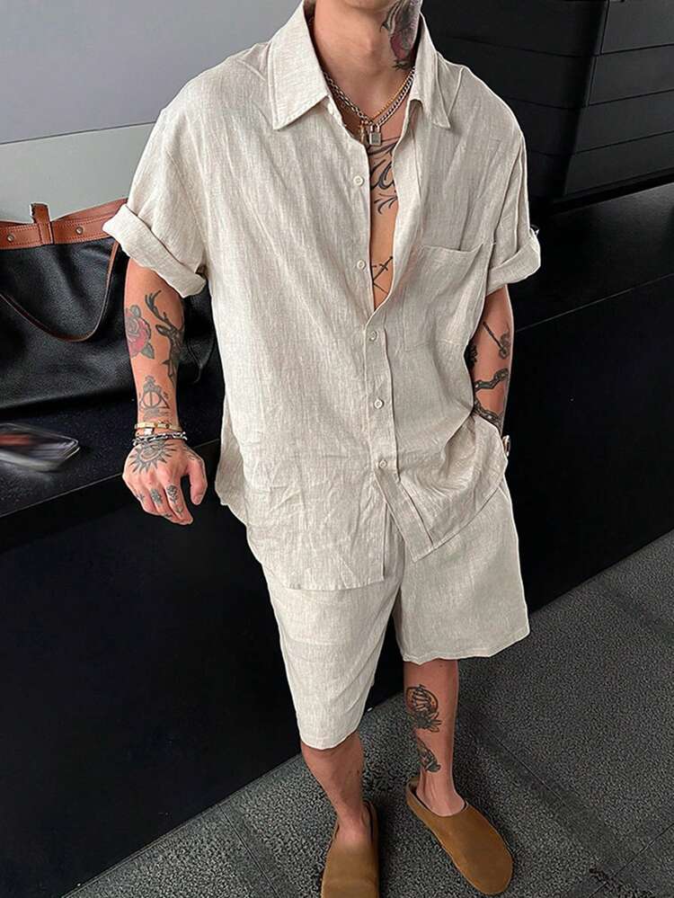 Men's Solid Color Beige Short Sleeve Shirt And Shorts Set, Summer