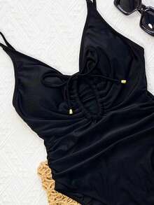 Swim SXY 纯色深V领细肩带侧褶皱前抽绳镂空休闲性感沙滩连体泳衣，女士，春夏款 - 黑色 - 查看 3