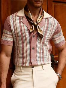 Manfinity Homme Men's Lapel Neck Colorful Stripe Hollow-Out Short Sleeve Knit Top Vintage , 70s , Knitted Shirt For Men, Button Up, Vintage, Men Italy Vacations - Baby Pink - View 2