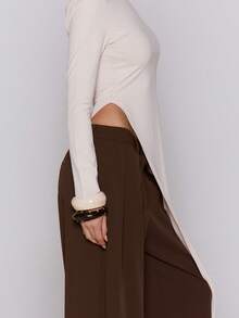 MUSERA Fitted Long Sleeve Extreme Maxi Asymmetrical Hem Top Cool Girl, Streetstyle, Cute, Fall, Autumn, Winter Festive, Holidays, - Apricot - View 4