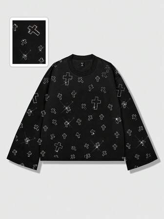 Camiseta de manga larga con cuello redondo, casual y de moda, con adornos de strass, unisex