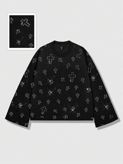 T-shirt girocollo a maniche lunghe unisex casual e alla moda, con decorazioni in strass