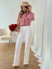 SHEIN LUNE Women's Casual Plaid Red Shirt, Valentine's Day Valentine Spring Casual Blouses For Women Red Blouse Plaid,Casual - Multicolor - View 5