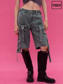 COUREZ Low Rise Utility Cargo Jorts /Y2K Going Out Spring Cargo Jeans - Baby Blue - View 1