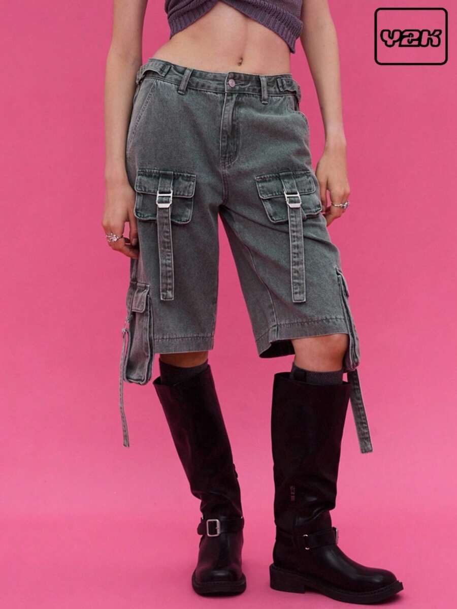 COUREZ Low Rise Utility Cargo Jorts /Y2K Going Out Spring Cargo Jeans - Baby Blue - View 1