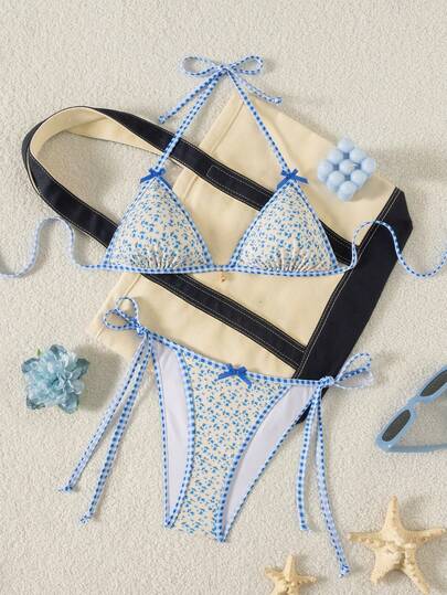 Swim Mod Dam sommarsemester avslappnad strandpläd & prydlig blommig 2-delad bikiniset med halterneckknytning