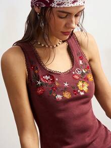 Bohemela Áo tank top nữ dệt kim không tay cổ tròn, màu trơn, dáng ôm, thêu họa tiết, phong cách thường ngày. - Cà phê nâu - Xem 2