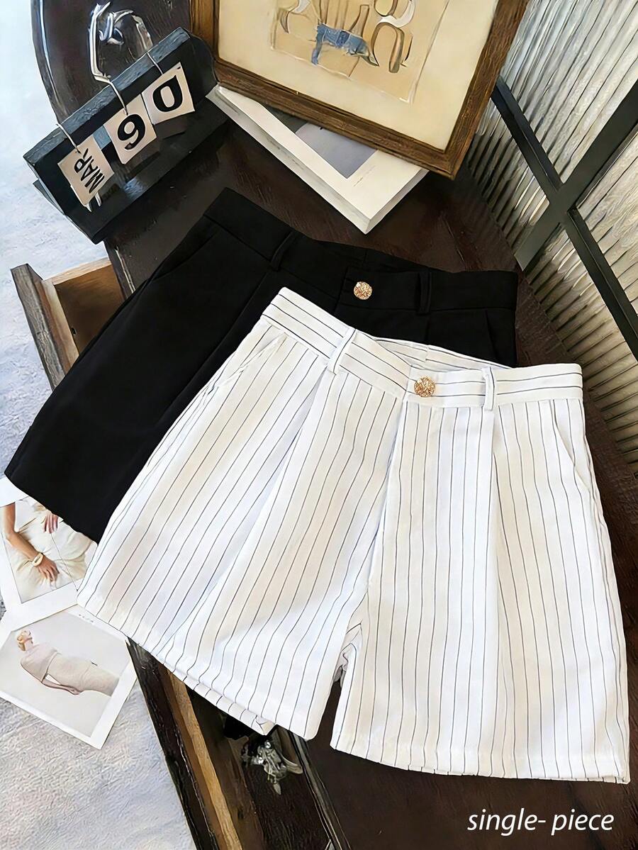 Franclia Women's Casual Striped Pleated Loose Shorts - White - View 1