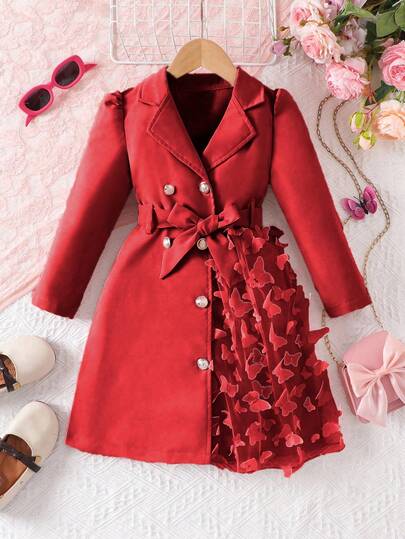 Elegant Young Girl's Jacket, Collar, Long Sleeve, Waist Belt, Left Side Butterfly Mesh Design, Charming And Lovely