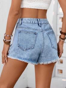 SHEIN Tall Women's Casual Embroidered Frayed Hem Denim Shorts, Summer - Blue - View 2