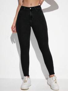 SHEIN ICON Plus Size Women's Casual Daily Denim Jeans With Pockets And Buttons - Black - View 1
