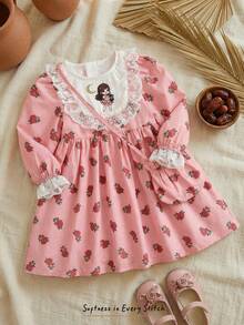Cozy Pixies Bộ 2 món cho bé gái: váy dài tay cổ tròn phối màu hoa văn và túi đeo chéo. - Màu hồng đậm - Xem 3