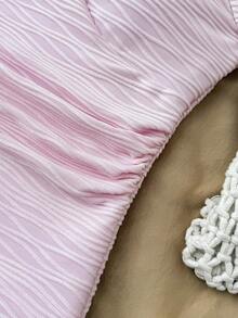 SHEIN Teen Girls Vacation Halter Tie V-Neck Floral Metal Buckle White Knit Textured Snug Fit One-Piece Swimsuit - Pink - View 5