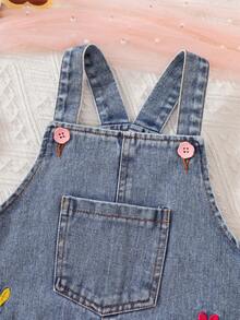 Genkimix Kids Girls' Blue Back-To-School Washed Loose Denim Pinafore Dress,Multi-Color Heart Embroidery,Soft Cotton Denim Casual Dress For Spring & Autumn Outing - Medium Wash - View 7