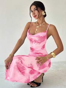 Firerie Women's New Romantic Floral Mesh Plunging Neck Fishtail Hem Midi Bodycon Dress, Sexy Elegant Dress, Spring/Summer Outfit, Beach, Commute, Elegant, Sexy, Vacation, Beach, Boho, Hawaii, Music Festival, Romantic, Date, Wedding Season, Graduation Ceremony, Prom - Baby Pink - View 4