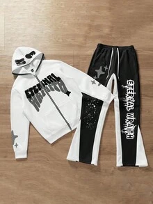 PAVTROS Manfinity Streetrush Men's Zip-Up Thermal Lined Hoodie Sweatshirt & Pants Set, Men Graphics Sweatsuits Hip Hop Clothes, Fall/Winter - Black and White - View 3