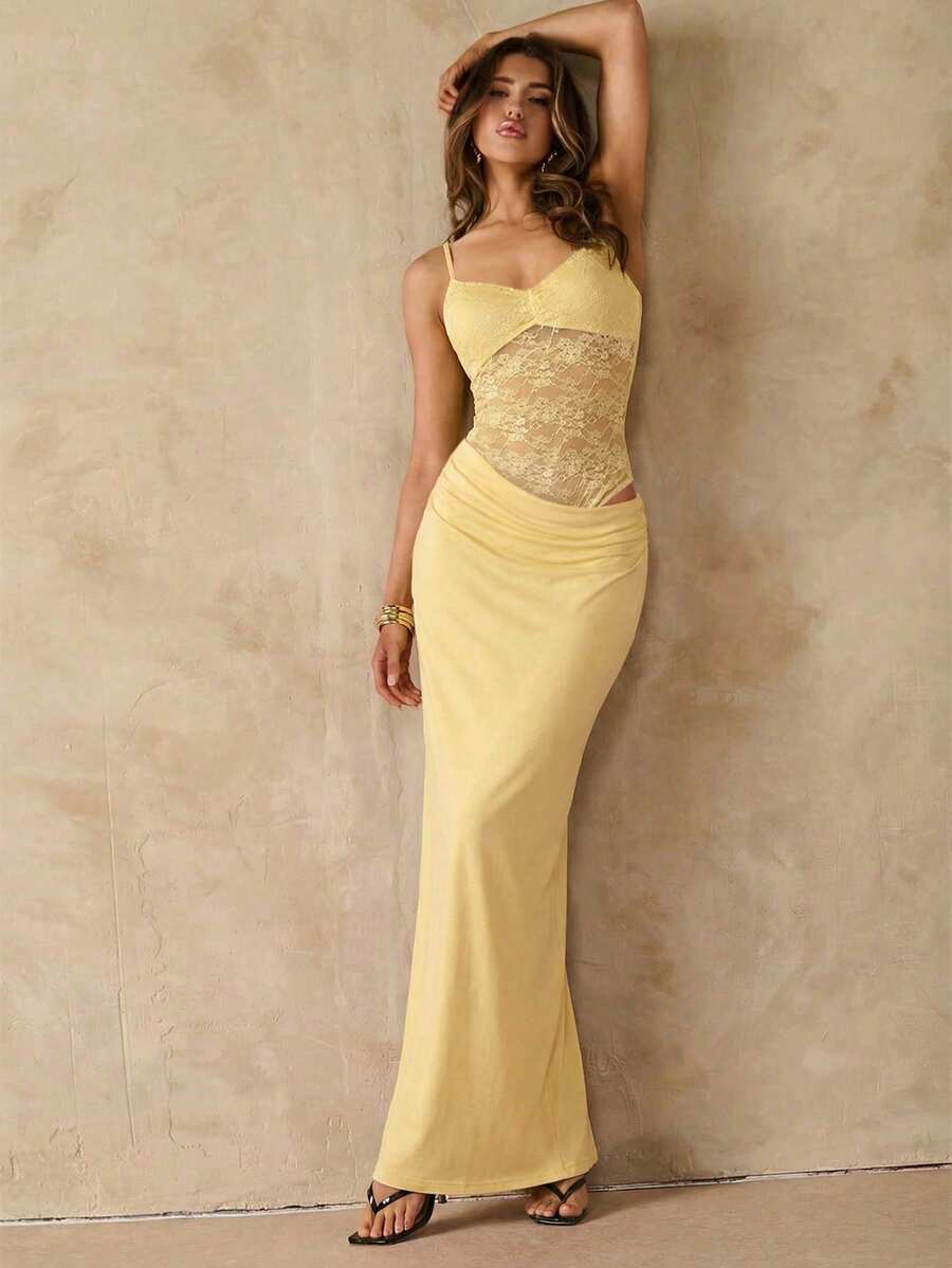SHEIN BAE Đầm ren xếp ly xuyên thấu màu đỏ/đỏ tía, hở lưng, gợi cảm với dây đeo mảnh, đầm đi biển mùa hè, đầm hở lưng phong cách Bohemian, trang phục dự hòa nhạc cho nữ, đầm phù dâu. - Màu vàng - Xem 1