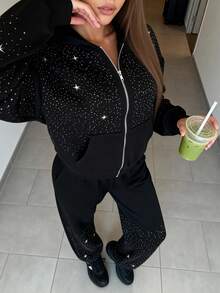 Manfinity VCAY Men's Hooded Sweatshirt Set Relaxed Fit Stylish Rhinestone Gradient Embellishment Two Pieces Sweatshirt Set - Black - View 3