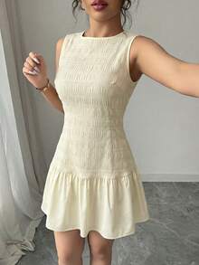 Elenzga Latest Design Women's French Elegant Apricot Round Neck Sleeveless Belted Ruffle Hem Mini Dress, Suitable For Holiday And Summer Wear, Spring/Summer - Apricot - View 5