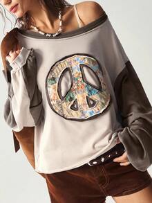 Bohemela Hanorac casual tricotat cu model patchwork, guler rotund, croială lejeră, mânecă lungă, pentru femei, toamnă/iarnă