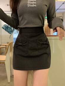 DAZY 女士条纹韩式蝴蝶结腰带休闲A字裙