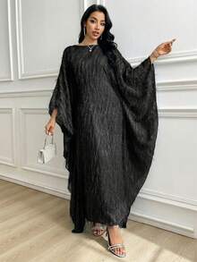 Al Najma 女士纯色优雅土耳其长裙，阿拉伯传统长袍 - 黑色 - 查看 3