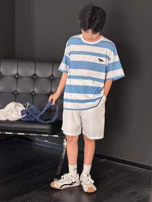 SHEIN Little Byeori 两件套男童休闲简约圆领短袖短裤套装，适合夏季穿着 - 白色 - 查看 5