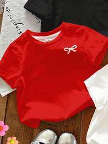 SHEIN 3pcs Young Girl Summer Red Satin School T-Shirt,Cute Bowknot & Strawberry Print Round Neck Short Sleeve Basic Tee,Casual Versatile Comfortable Chic - Multicolor - View 4