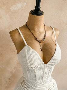 Soleia Women's Red Knitted V-Neck Fishbone Waist Ruched Asymmetric Hem Mini Slip Dress, Vacation - Apricot - View 5