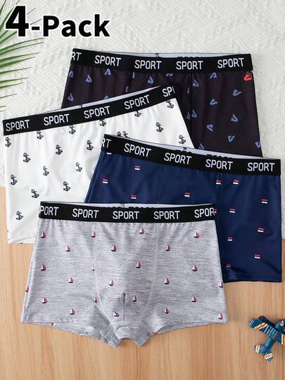 4条装男童平角内裤，数码印花字母图案，弹性腰带，舒适亲肤，四季皆宜，适合13-16岁男孩。
