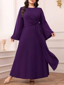 Modelyn Plus Size Solid Color Drawstring Dress, Simple Chic Casual For Daily Wear Long Evening Dresses Fall - Purple - View 7