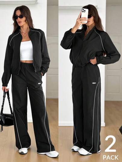 SHEIN Tall 女士秋冬/夏季及夏季街头休闲运动工装外出休闲Corta Vento反光翻领外套和降落伞裤工装裤，2件套