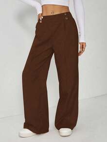 SHEIN EZwear 大码优雅休闲金属双扣直筒办公裤，秋冬款 - 棕色 - 查看 6