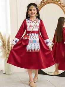 SHEIN Robe élégante de Ramadan pour préadolescentes avec sac - Rouge - Voir 1