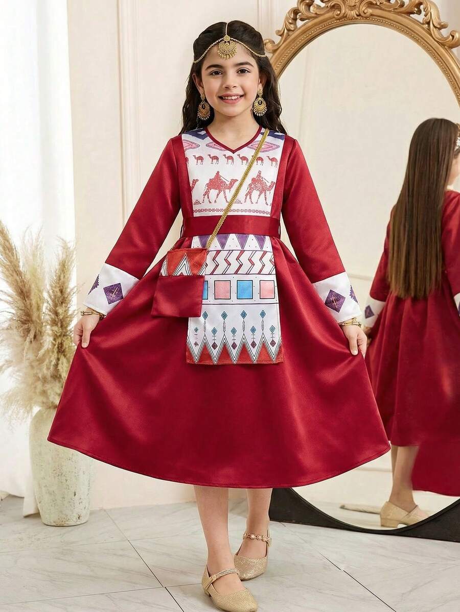 SHEIN Robe élégante de Ramadan pour préadolescentes avec sac - Rouge - Voir 1