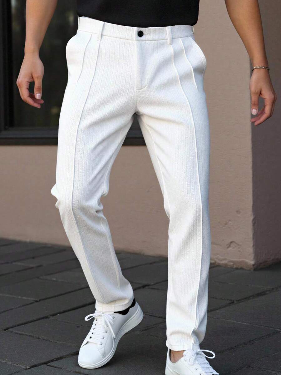 Manfinity Mode 男士涤纶氨纶针织提花修身西装裤，休闲度假风，采用INS风格提花针织面料。适合音乐节、短途旅行和日常穿着，是送给男友或丈夫的时尚礼物。 - 白色 - 查看 1